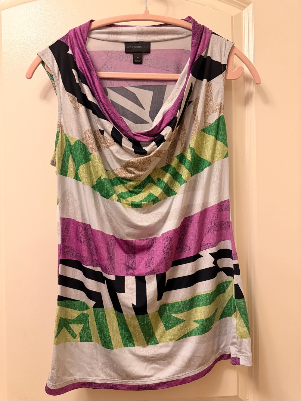 Worthington Sleeveless Cowl Neck Striped Print Top - Purple & Green
